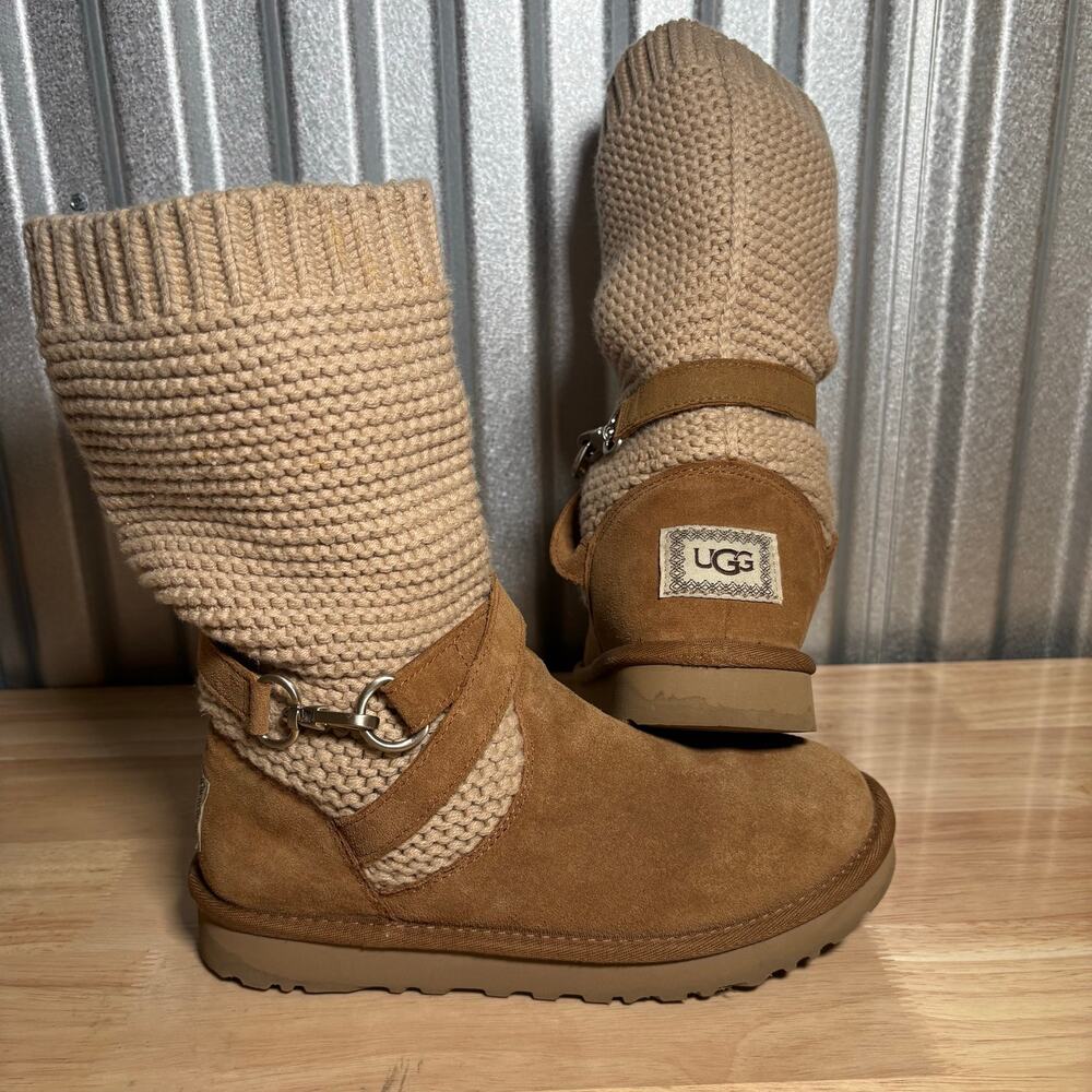 UGG Purl Knit Strap Boots Sz 6 Wrap Around Chestnut Adjustable height leg warmer
